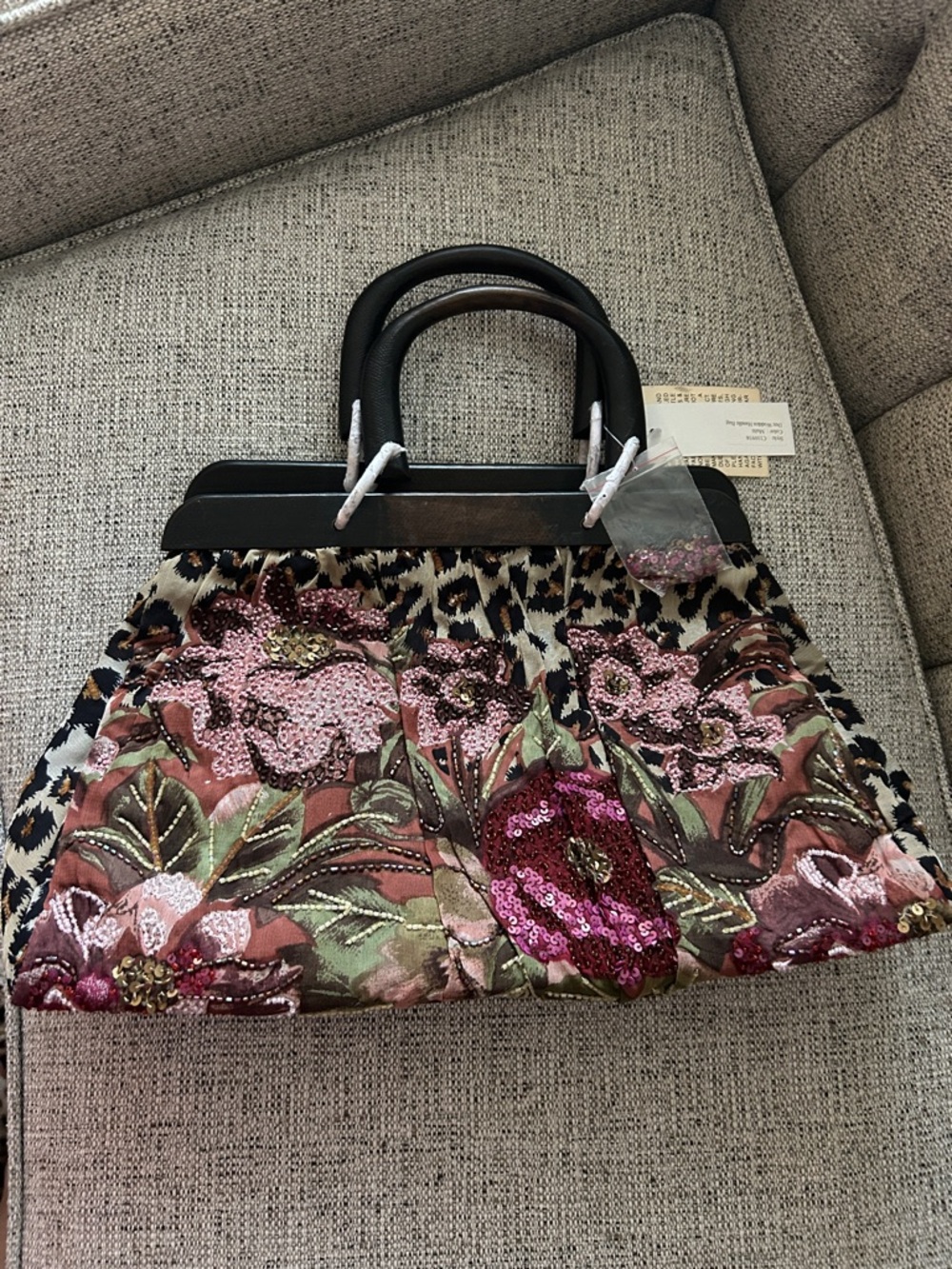 Floral Sequin Embellished Black Handle Tote - Pink Multi and leopard